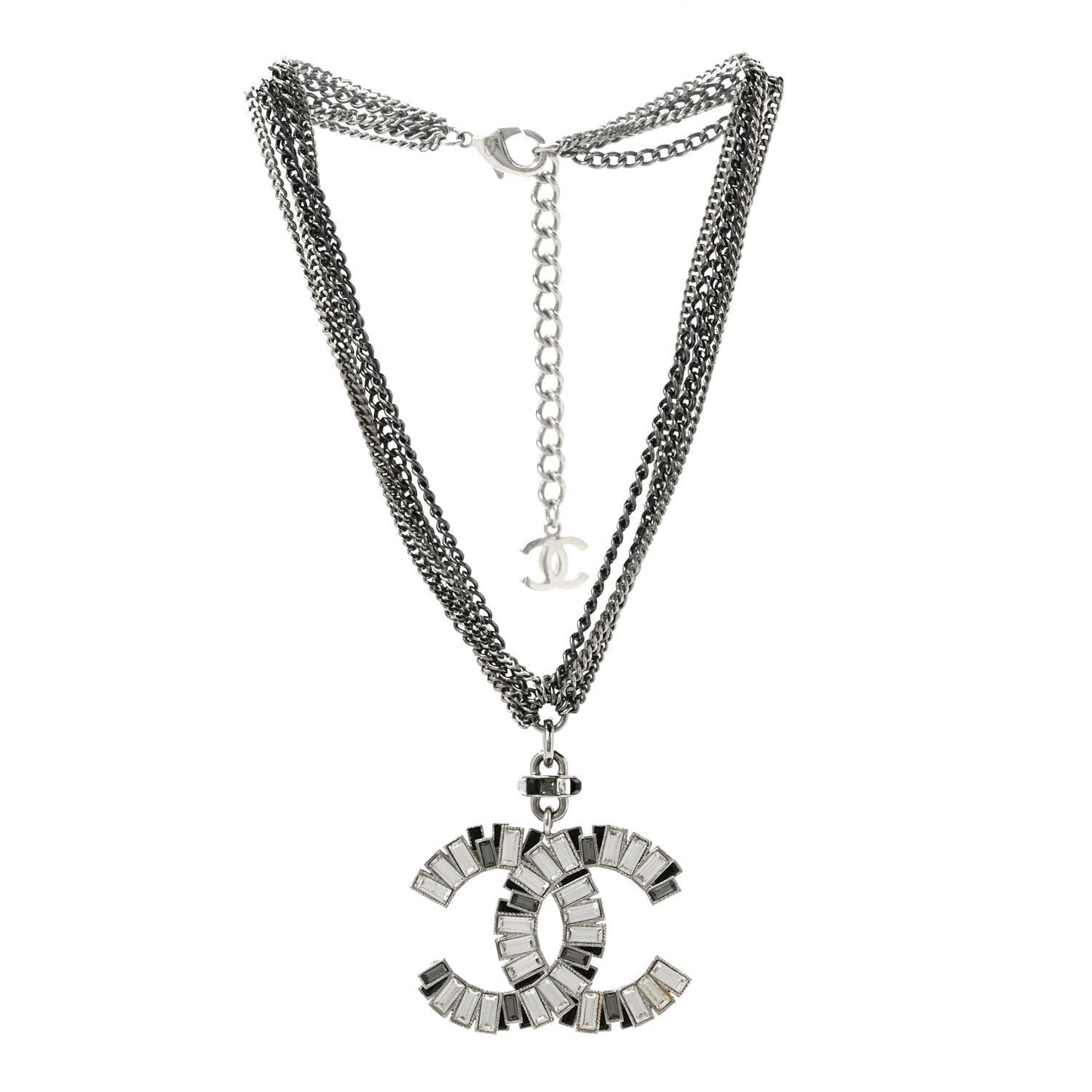 Baguette Crystal CC Multi Strand Pendant Necklace Silver