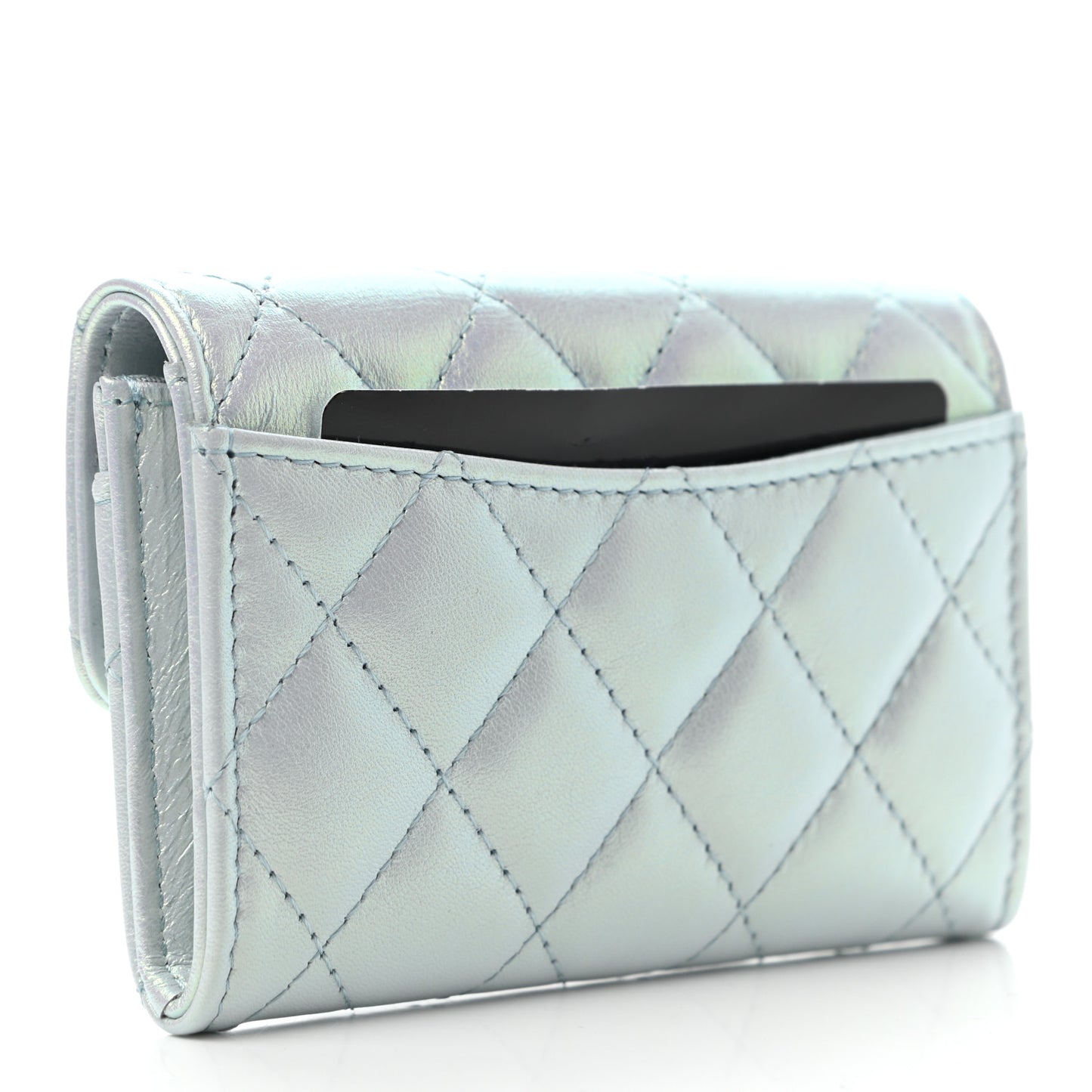 Iridescent Calfskin Quilted Flap Card Holder Light Blue