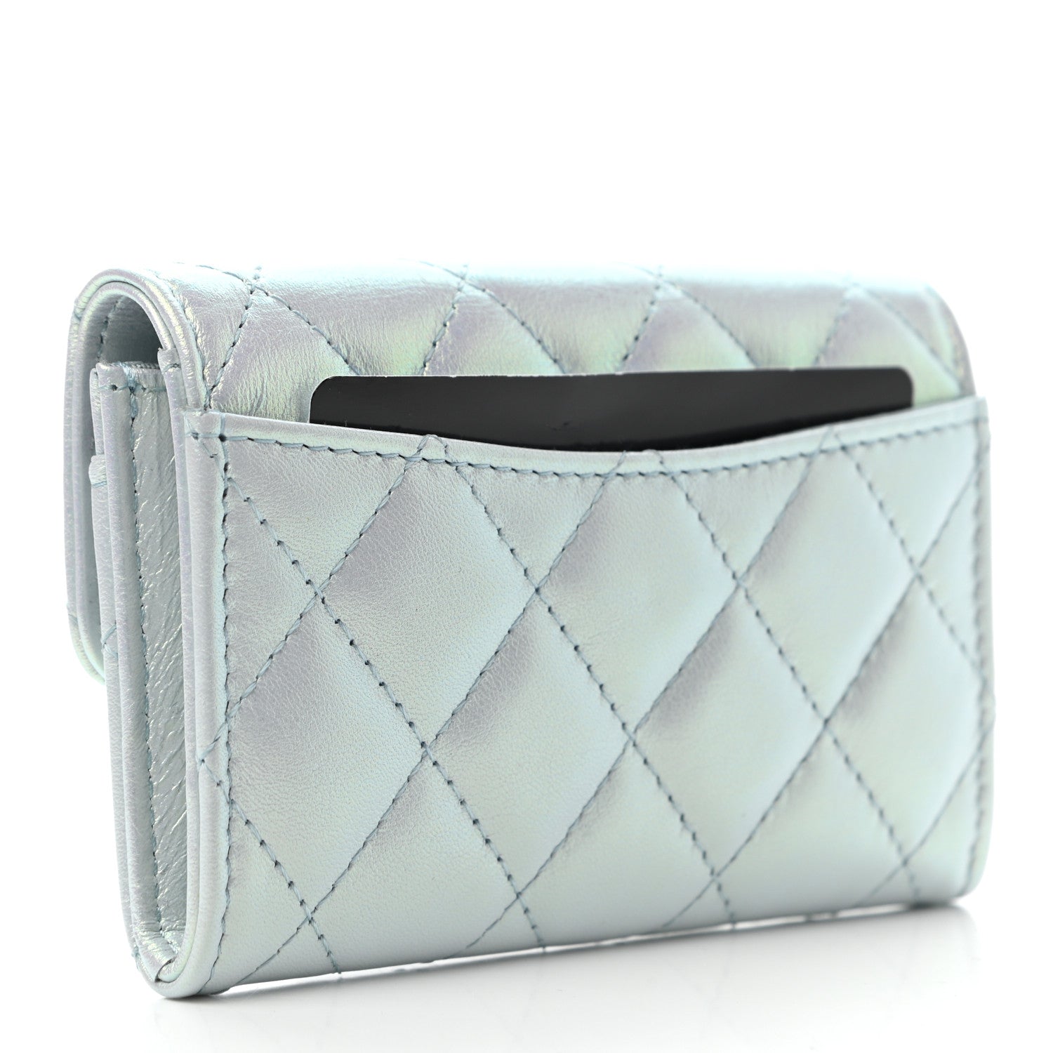Chanel Iridescent Calfskin Quilted Flap Card Holder Light Blue 3 of 9