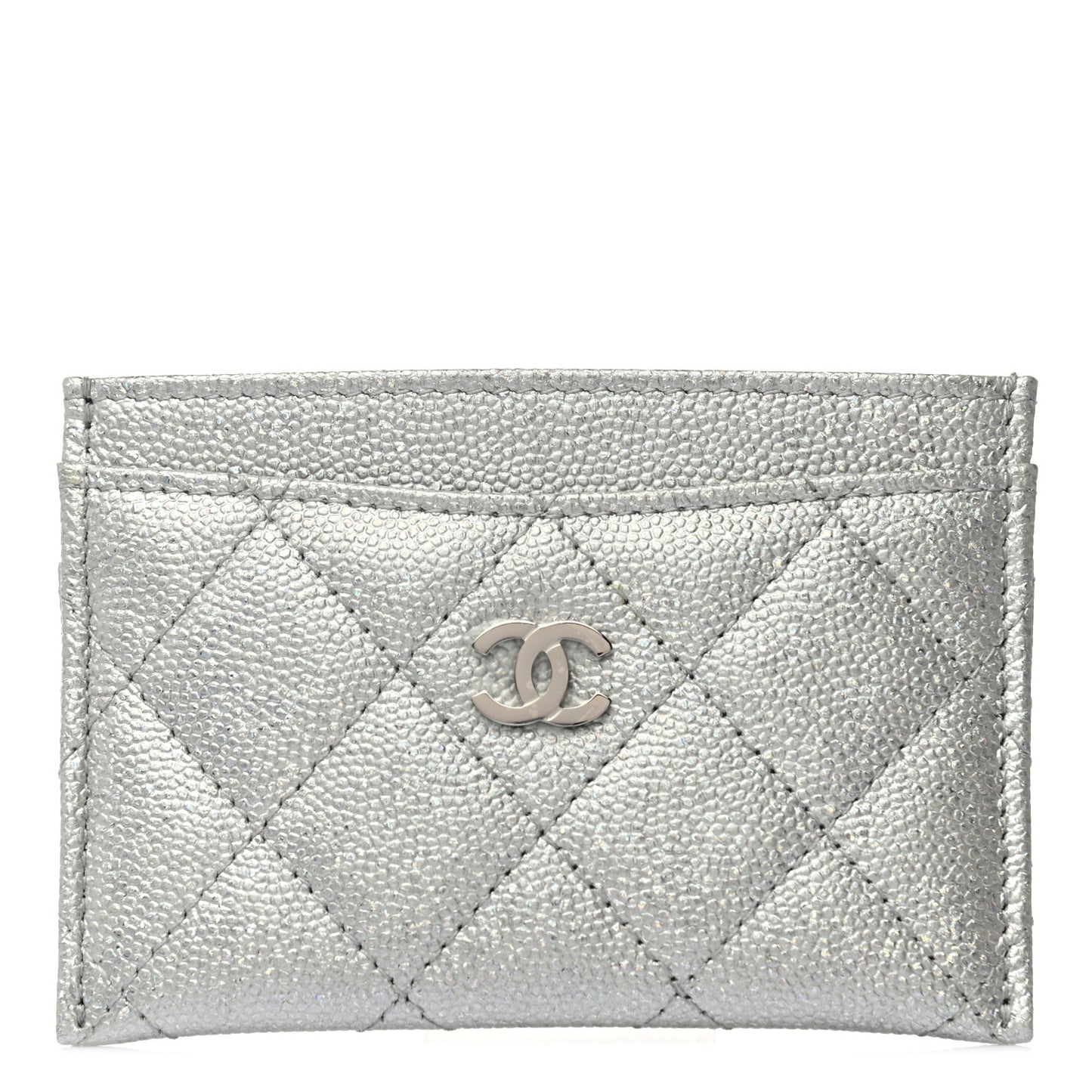 Glittered Metallic Caviar Quilted Card Holder Silver