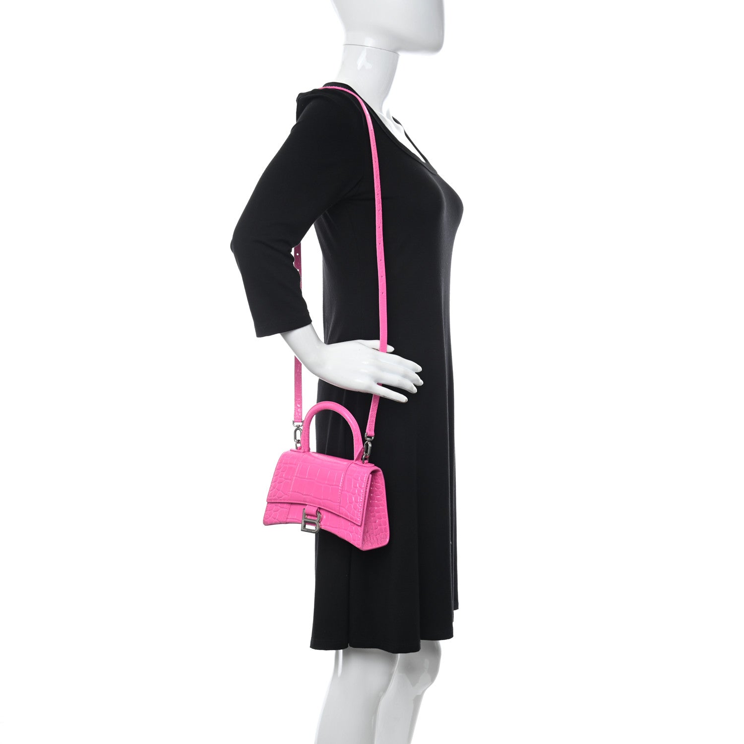 Balenciaga Shiny Calfskin Crocodile Embossed Hourglass Top Handle Bag XS Neon Pink 2 of 12