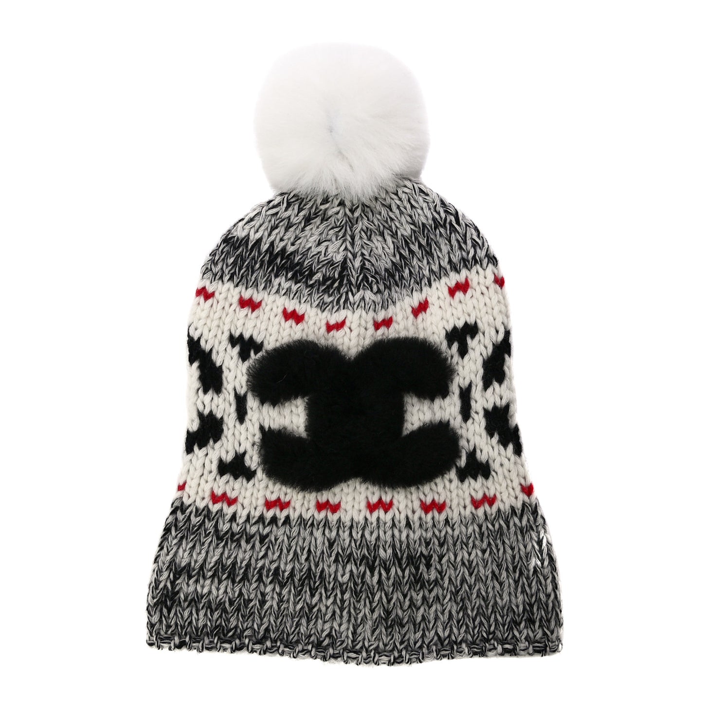 Wool Shearling CC Beanie Hat Ivory Black Red