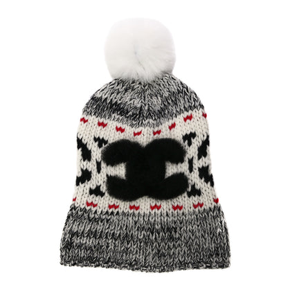 Chanel Wool Shearling CC Beanie Hat Ivory Black Red 1 of 7