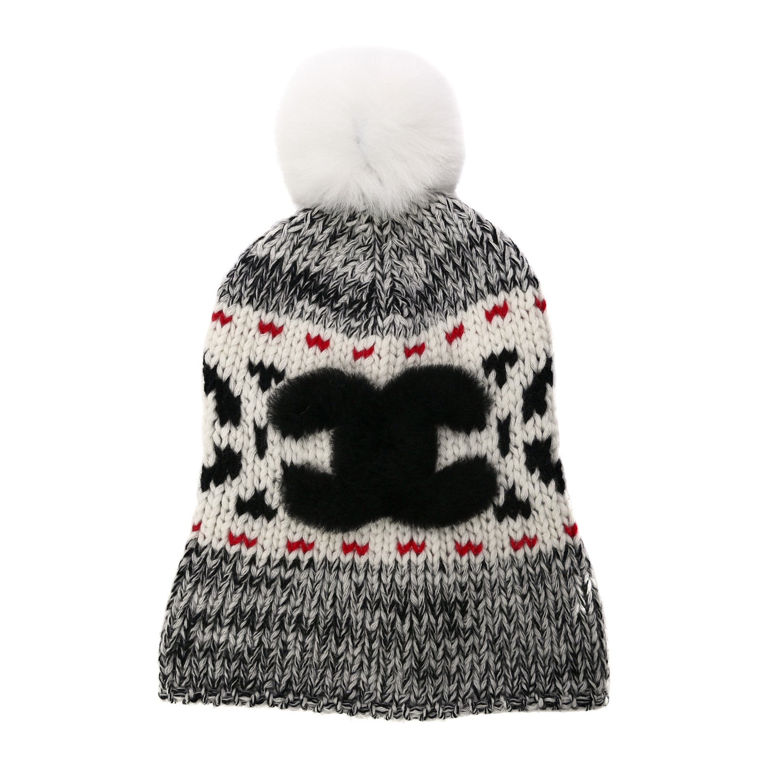 Chanel Wool Shearling CC Beanie Hat Ivory Black Red 1 of 7