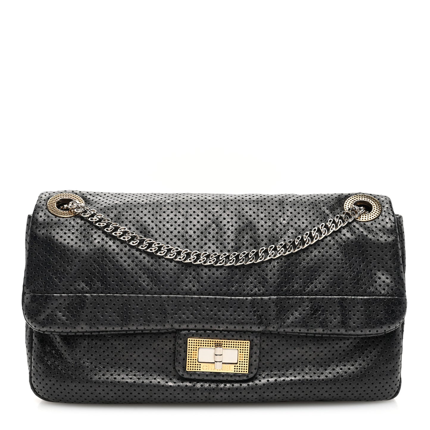 Metallic Crackled Calfskin Large Perforated Drill Flap Black