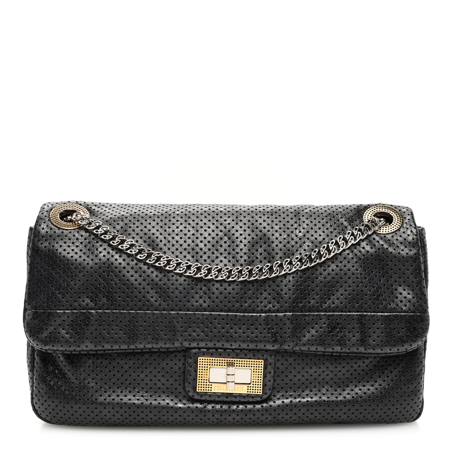 Chanel Metallic Crackled Calfskin Large Perforated Drill Flap Black 1 of 10
