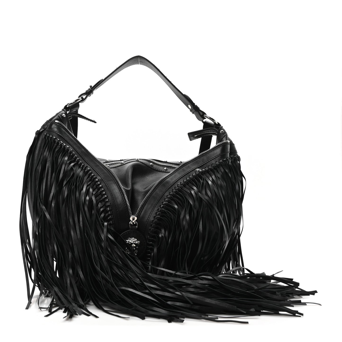 Calfskin Studded Large Fringe Repeat Zip Hobo Black