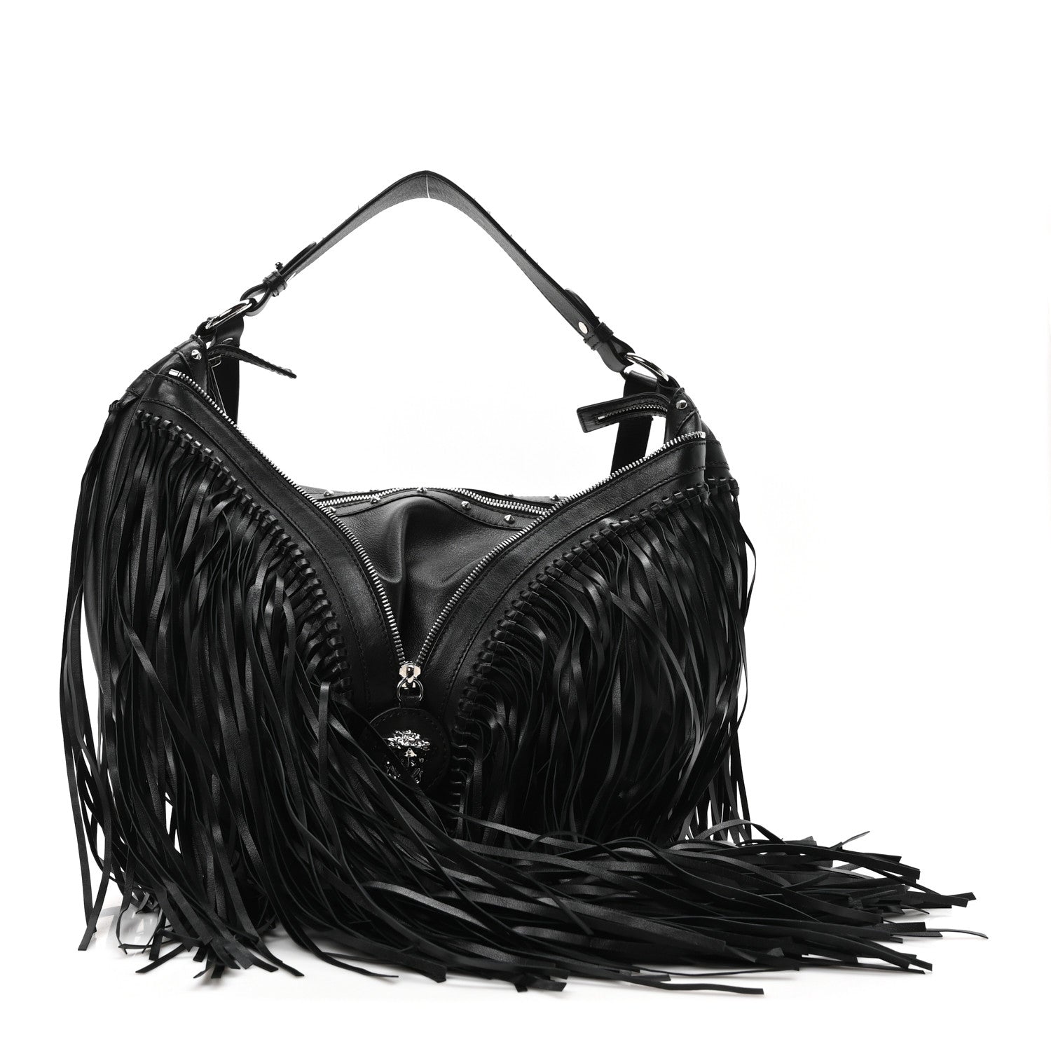 Versace Calfskin Studded Large Fringe Repeat Zip Hobo Black 1 of 10