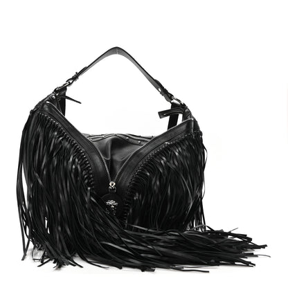 Versace Calfskin Studded Large Fringe Repeat Zip Hobo Black 1 of 10