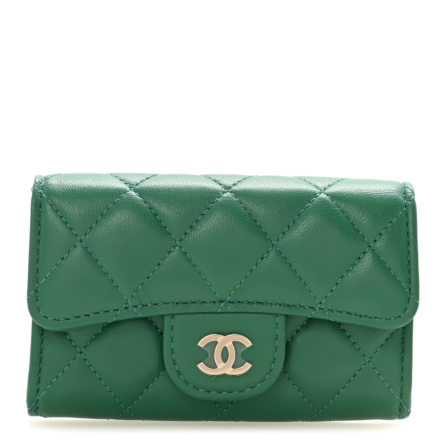 Lambskin Quilted Flap Card Holder Wallet Green