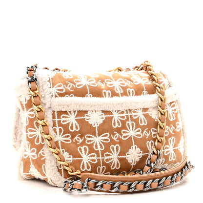 Chanel Suede Shearling Lambskin Embroidered Medium Chanel 19 Flap Brown White 3 of 11