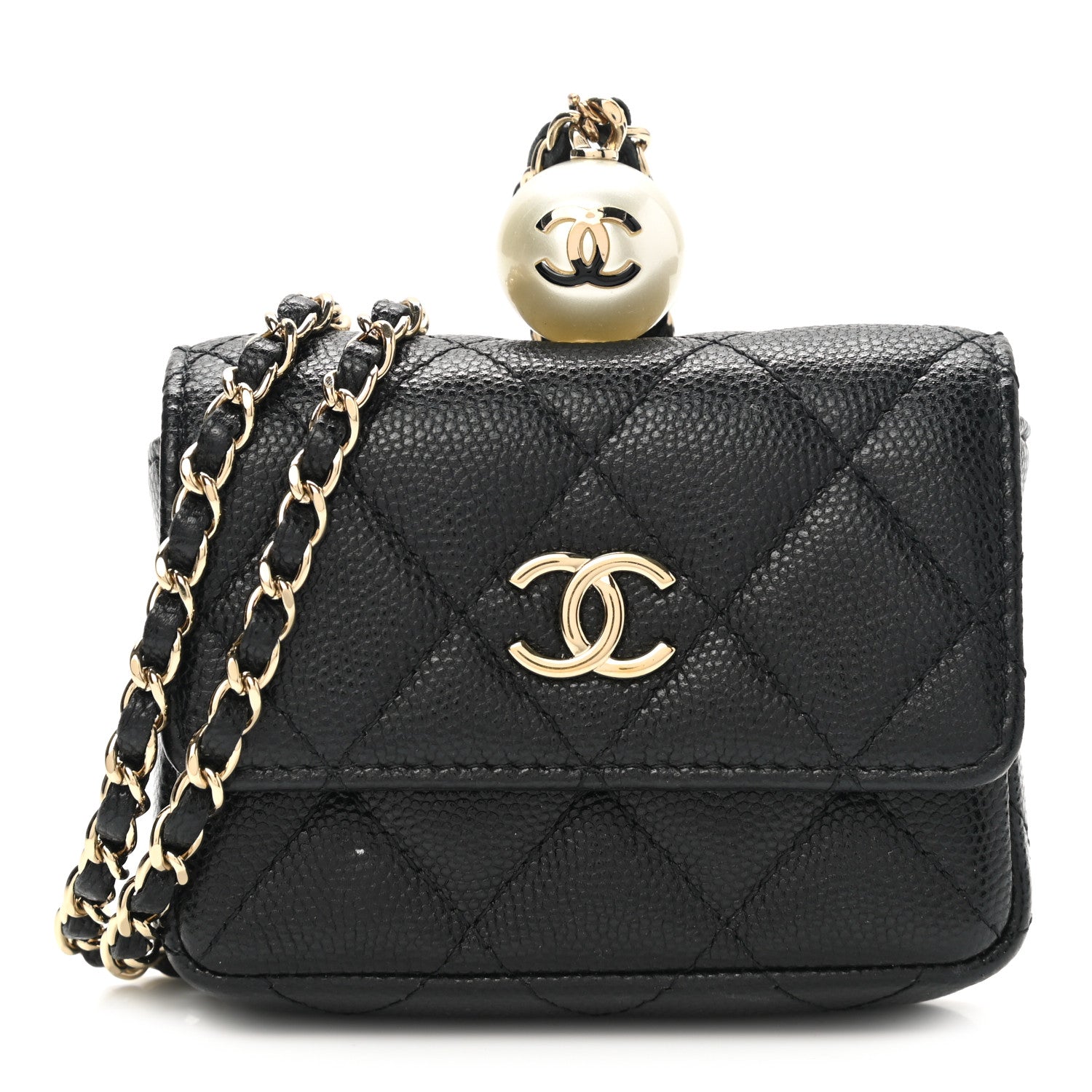 Chanel Caviar Quilted Mini Pearl On Top Coin Purse With Chain Black 1 of 14