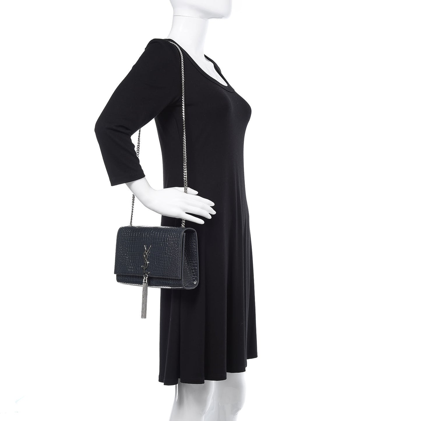 Calfskin Crocodile Embossed Medium Classic Monogram Kate Tassel Satchel Storm