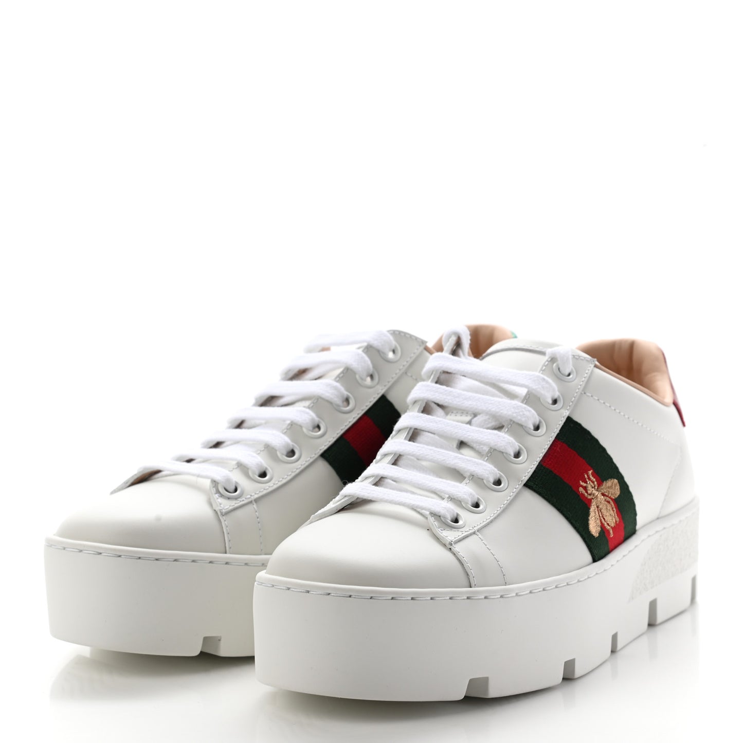 Calfskin Web Bee Embroidered Womens Ace Platform Sneakers 36 White