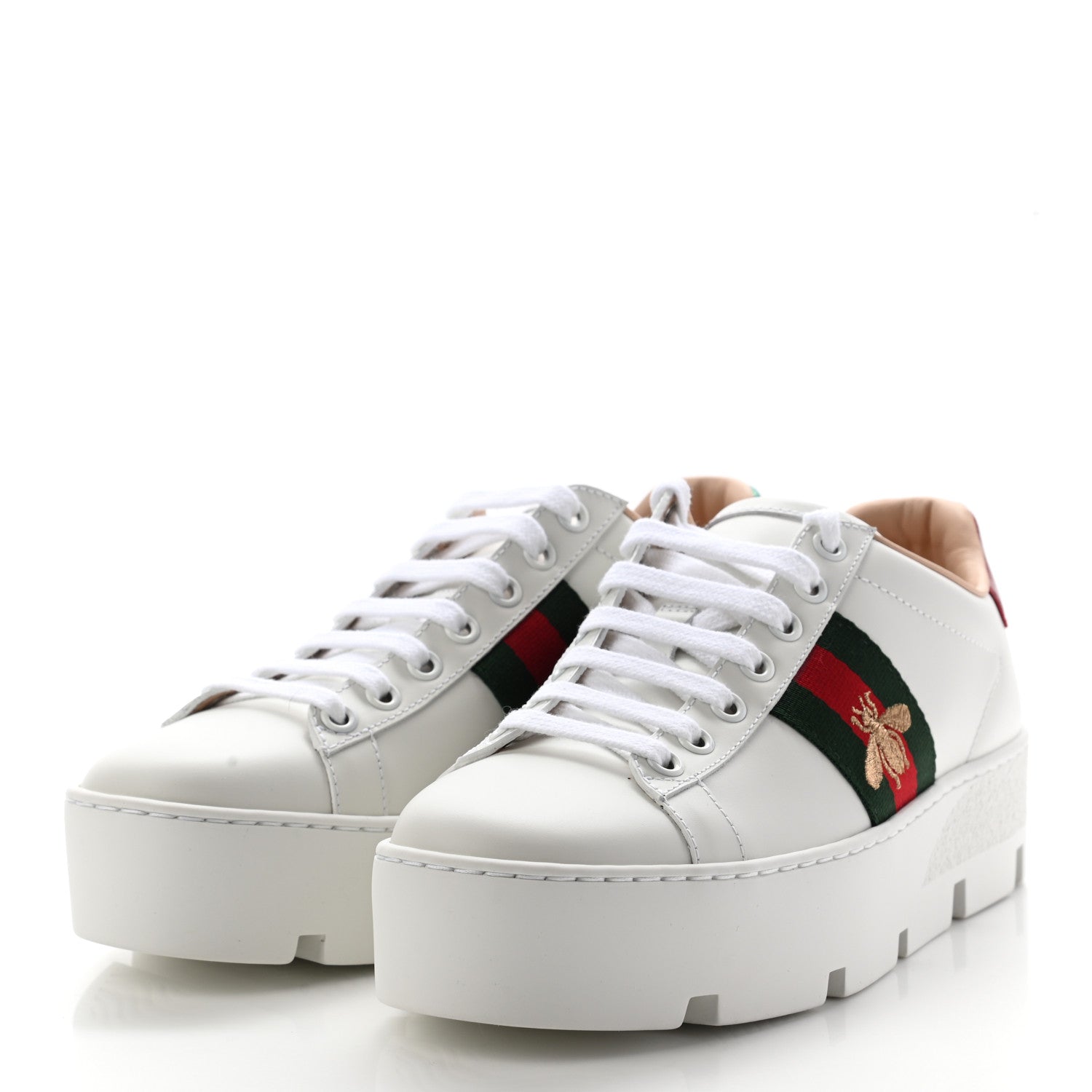 Gucci Calfskin Web Bee Embroidered Womens Ace Platform Sneakers 36 White 3 of 11