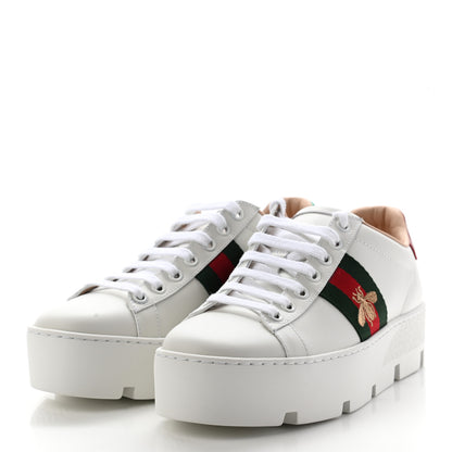 Gucci Calfskin Web Bee Embroidered Womens Ace Platform Sneakers 36 White 3 of 11