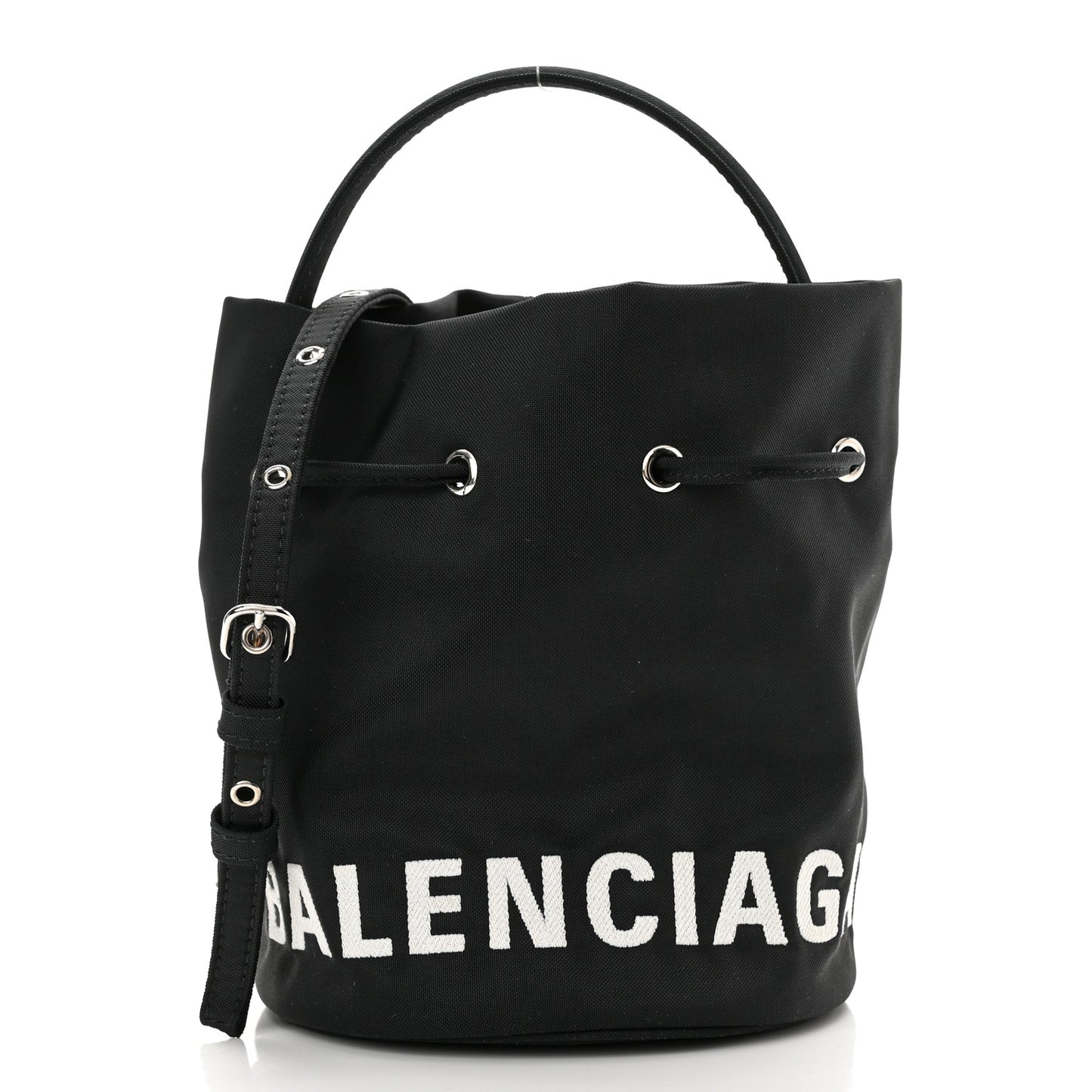 Recycled Sport Nylon Logo Embroidered Wheel Drawstring Bucket Bag XS Black