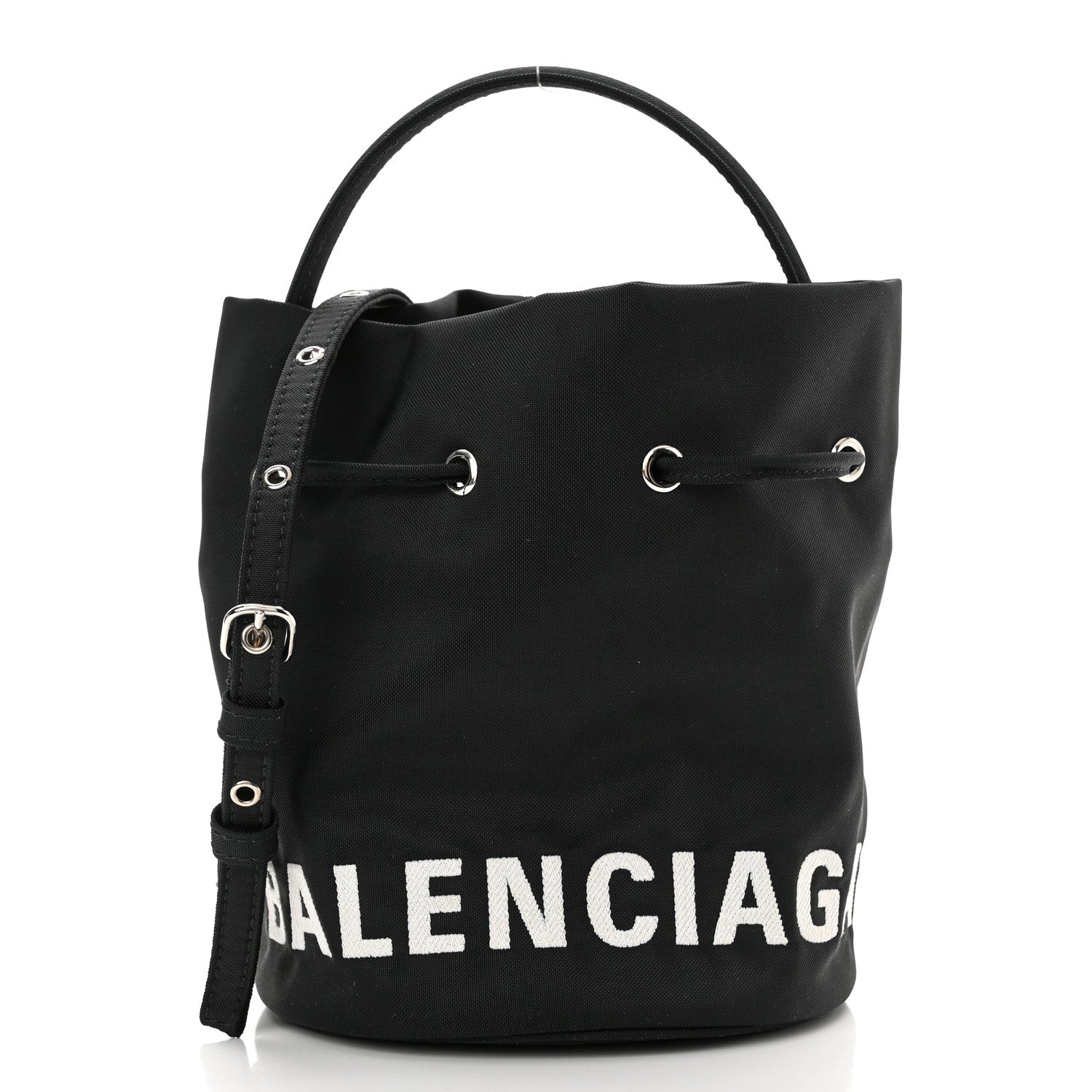 Balenciaga Recycled Sport Nylon Logo Embroidered Wheel Drawstring Bucket Bag XS Black 1 of 9