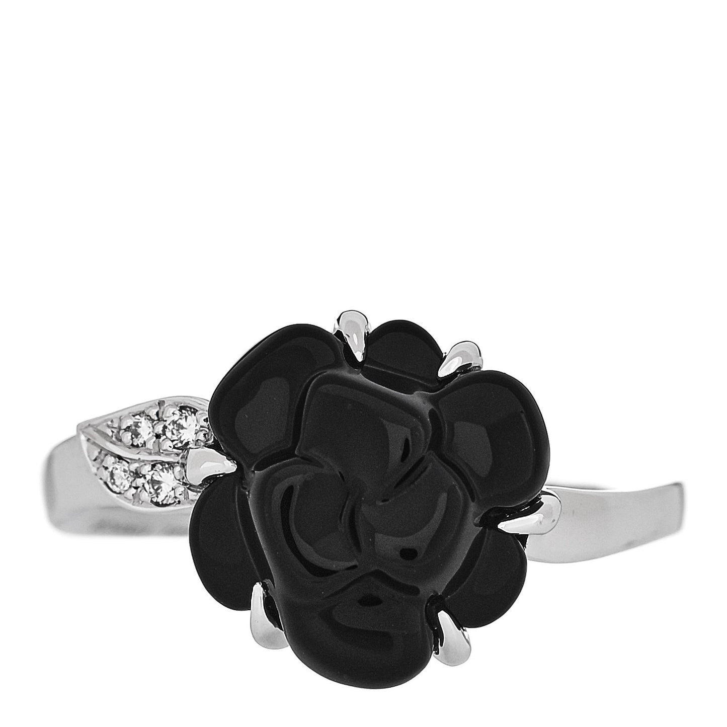 18K White Gold Diamond Onyx Camellia Ring 55 7.25