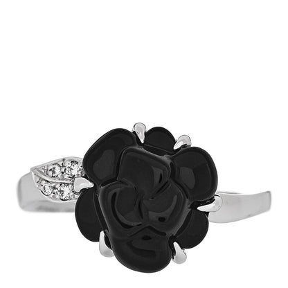 Chanel 18K White Gold Diamond Onyx Camellia Ring 55 7.25 1 of 4