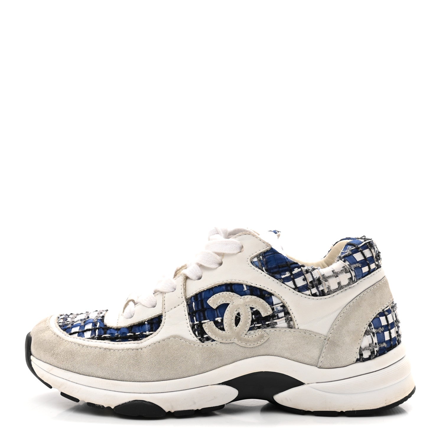 Chanel Tweed Suede Calfskin Womens CC Sneakers 37 Dark Blue Black Grey White 1 of 9