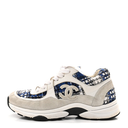 Chanel Tweed Suede Calfskin Womens CC Sneakers 37 Dark Blue Black Grey White 1 of 9