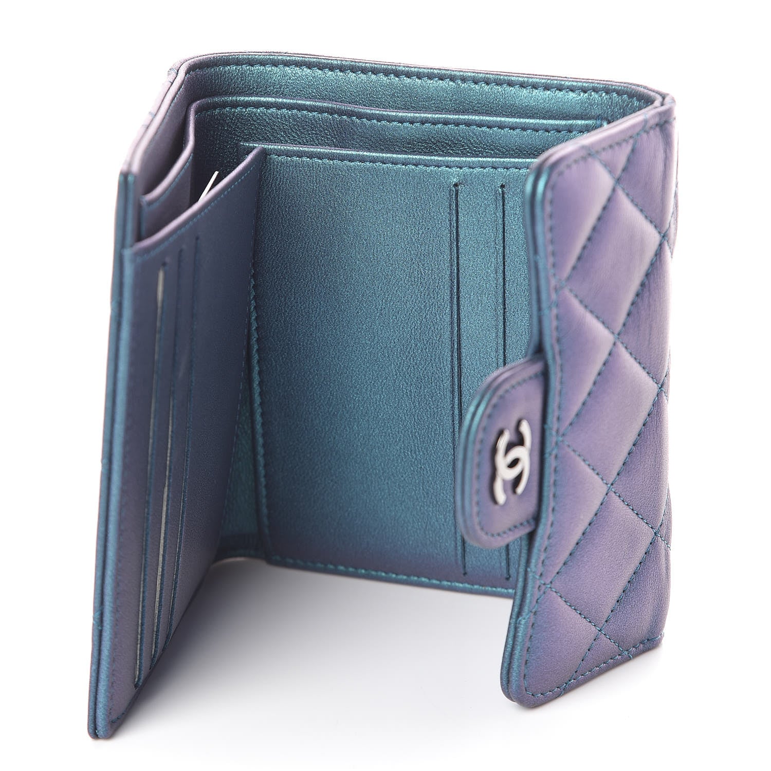 Chanel Iridescent Lambskin Quilted Small Compact Wallet Turquoise 6 of 10