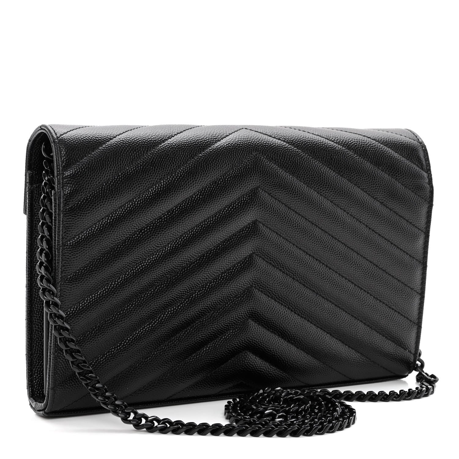 Saint Laurent Grain De Poudre Matelasse Chevron Monogram Monochrome Chain Wallet Black 3 of 9