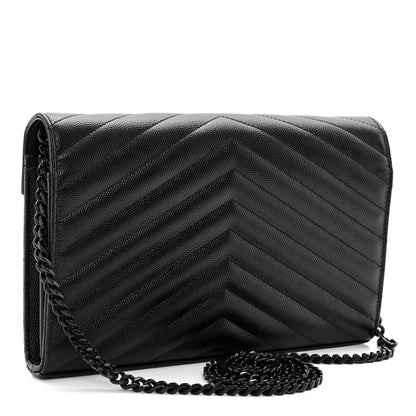 Saint Laurent Grain De Poudre Matelasse Chevron Monogram Monochrome Chain Wallet Black 3 of 9