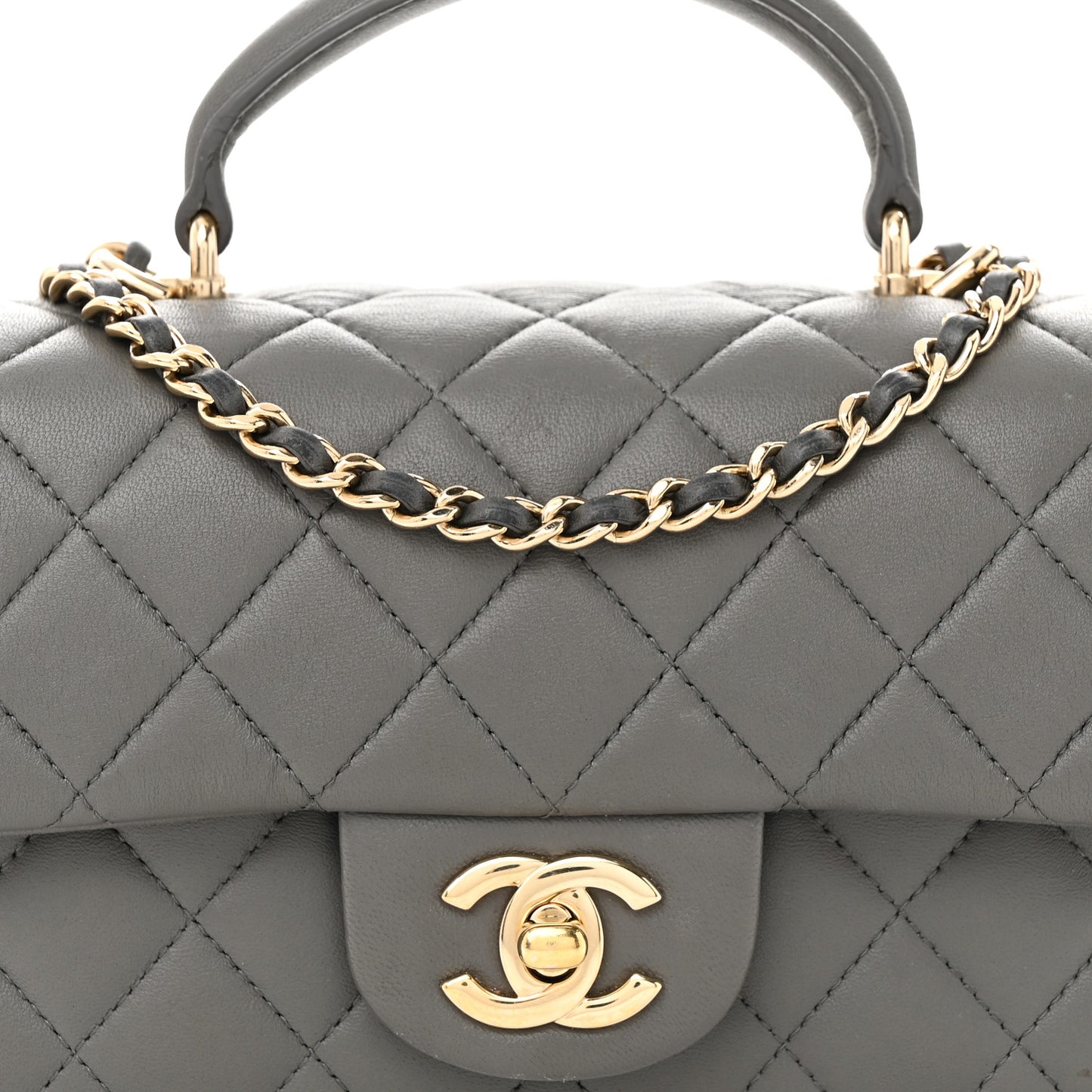 Lambskin Quilted Mini Top Handle Rectangular Flap Dark Grey