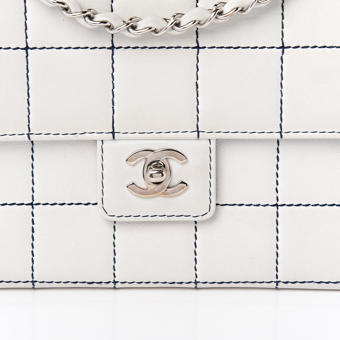 Lambskin Stitched Medium Chocolate Bar Flap White