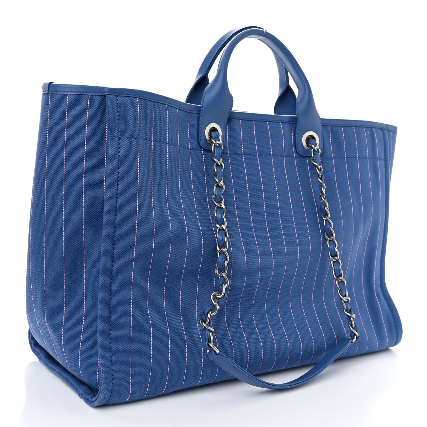 Canvas Calfskin Striped Large Deauville Tote Blue