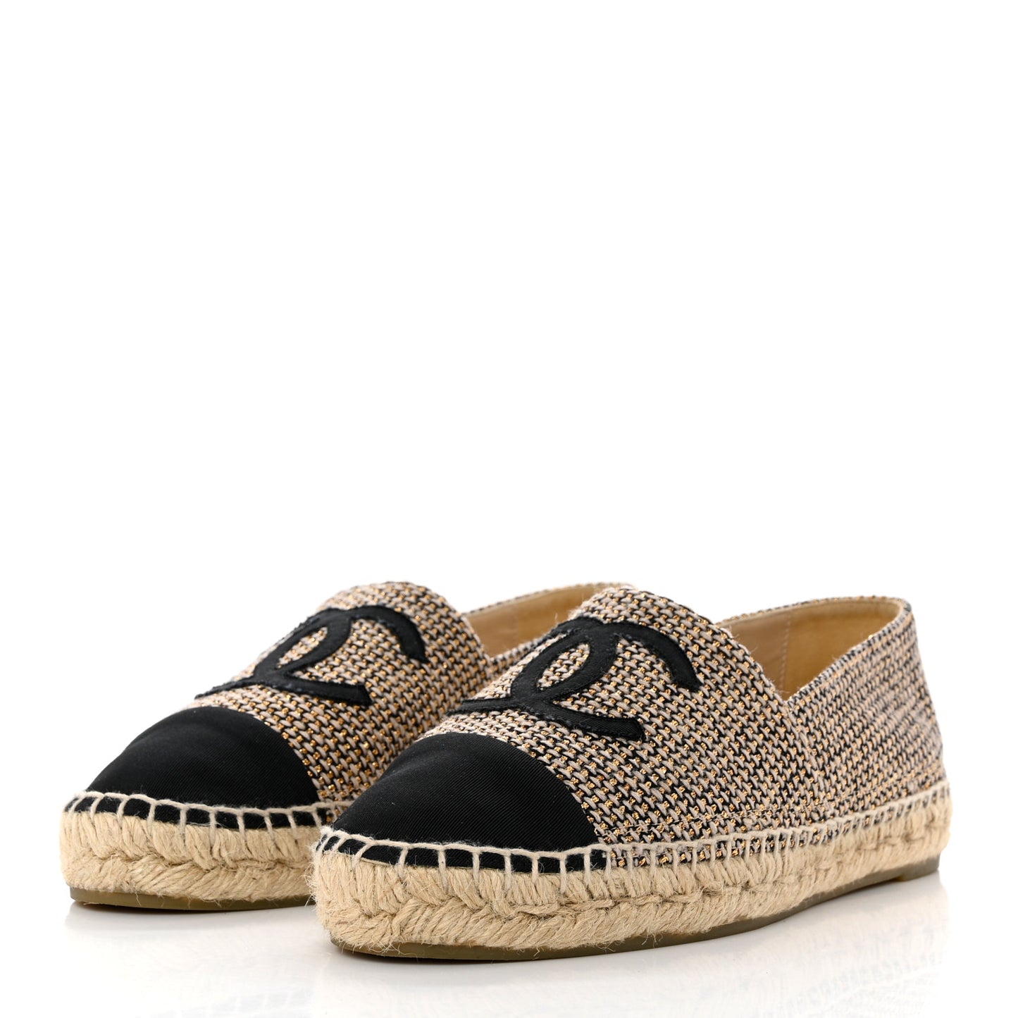 Tweed Grosgrain CC Espadrilles 39 Gold Beige Black