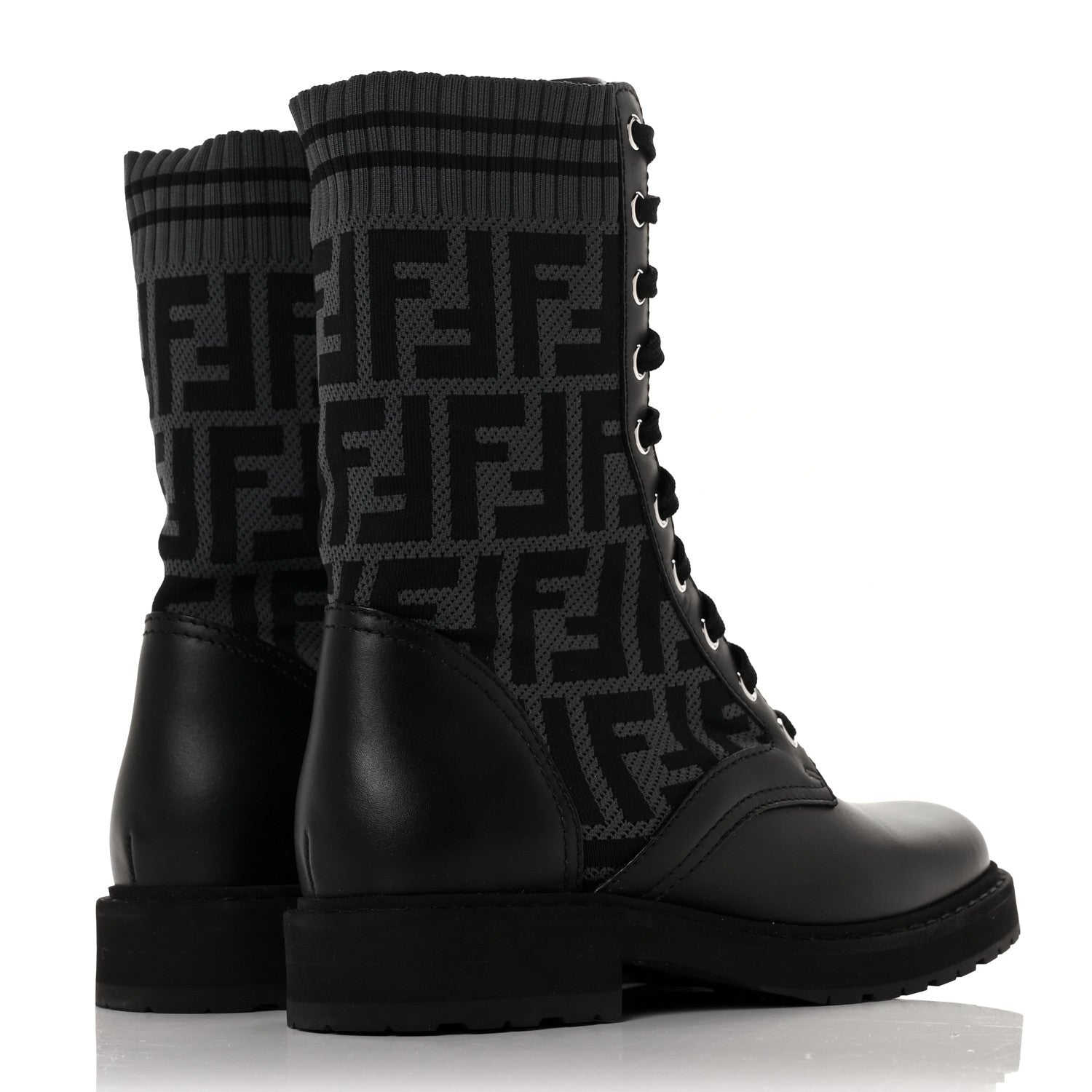Fendi Calfskin Stretch Fabric FF Rockoko Biker Boots 36 Black Charcoal 4 of 7