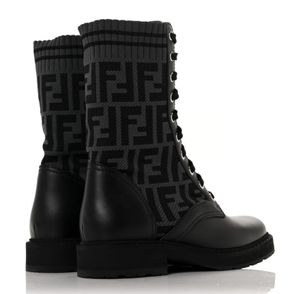 Fendi Calfskin Stretch Fabric FF Rockoko Biker Boots 36 Black Charcoal 4 of 7