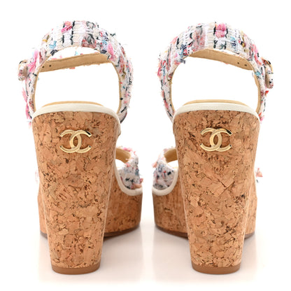 Chanel Tweed Cork CC Wedge Sandals 38.5 Ecru Pink Blue Green 5 of 10