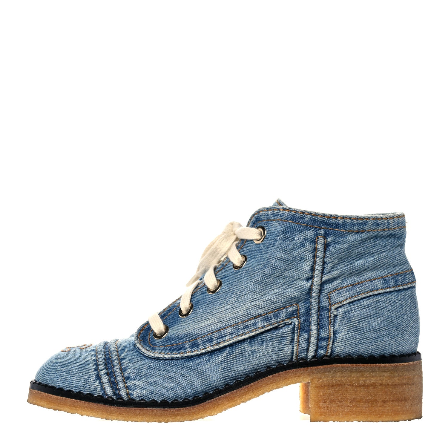 Chanel Denim Lace Up Boots 38.5 Light Blue 1 of 7