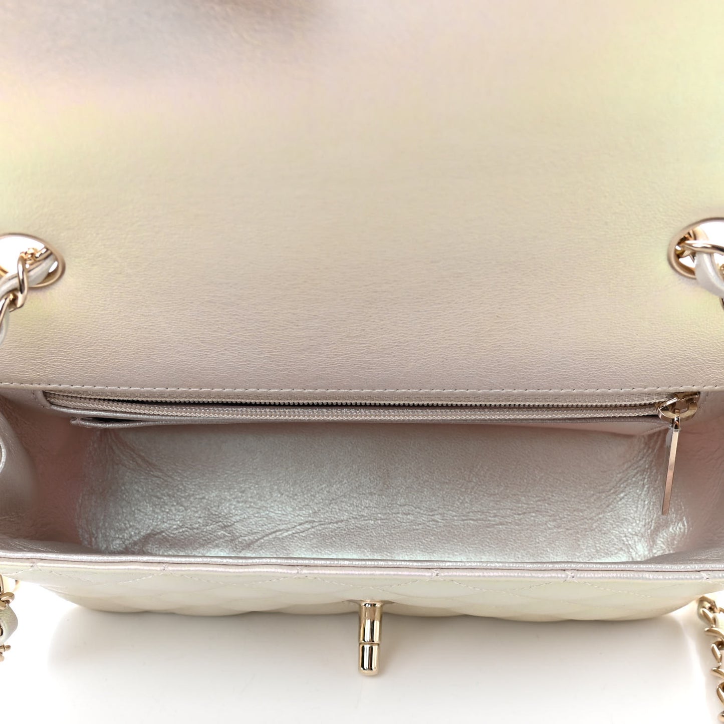 Iridescent Lambskin Quilted Mini Rectangular Flap Ivory