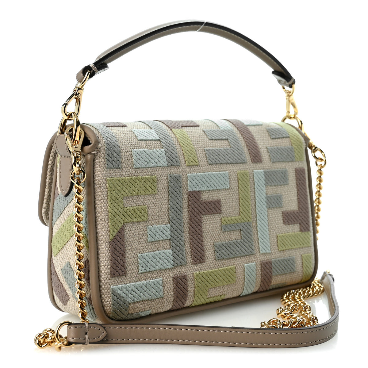 Fendi Canvas Vitello King Seta FF Embroidered Mini Baguette Matcha Milk Dove 3 of 10