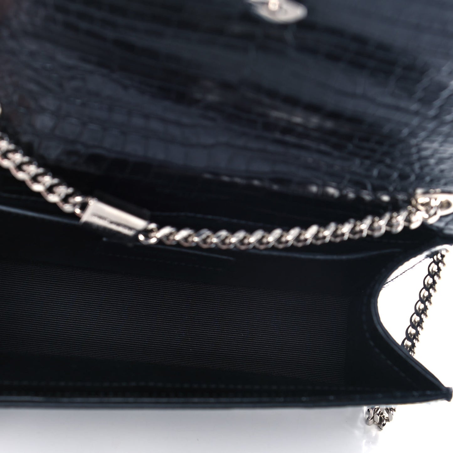 Calfskin Crocodile Embossed Small Classic Monogram Kate Tassel Satchel Black