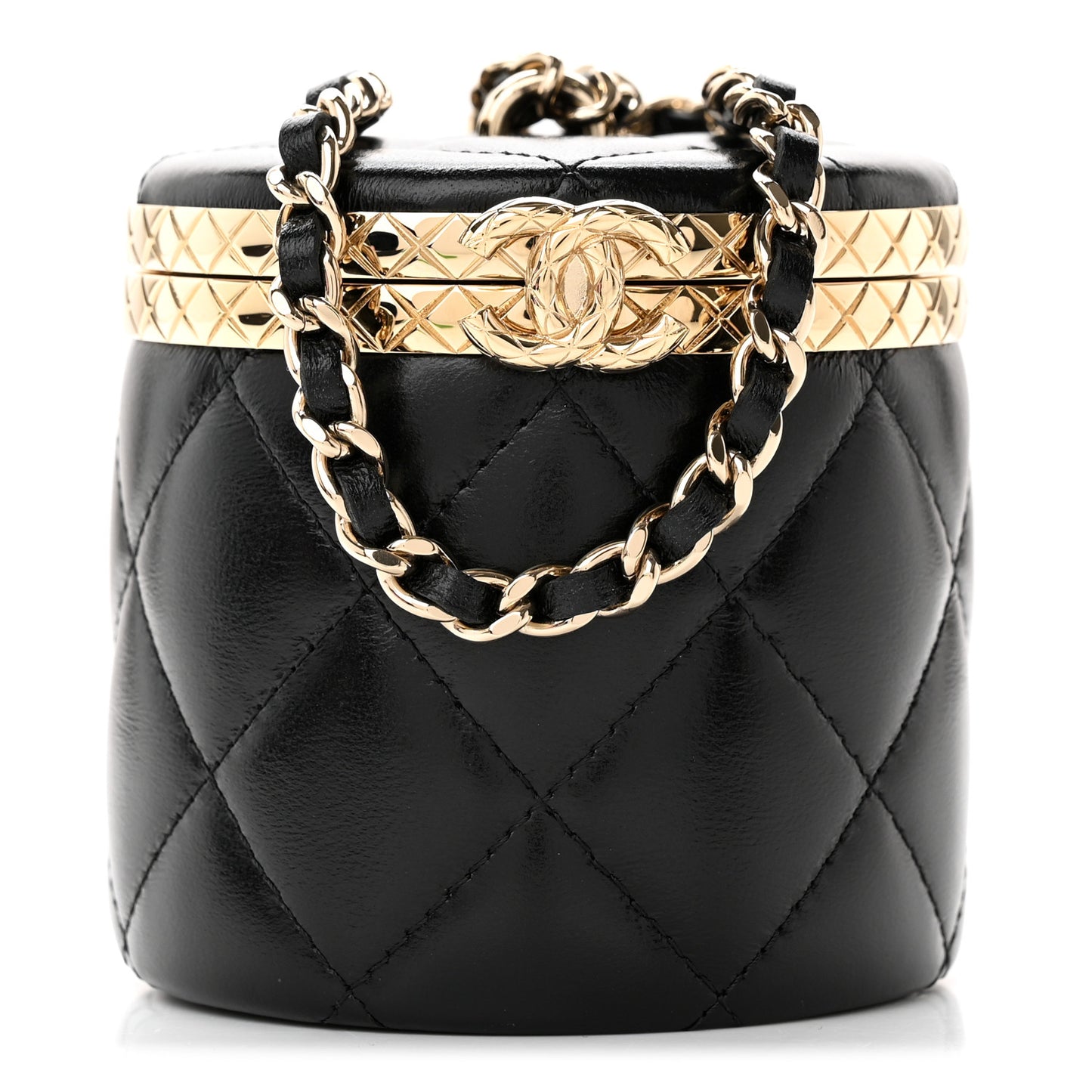 Metal Lambskin Quilted Mini Lock Frame Vanity Clutch Black