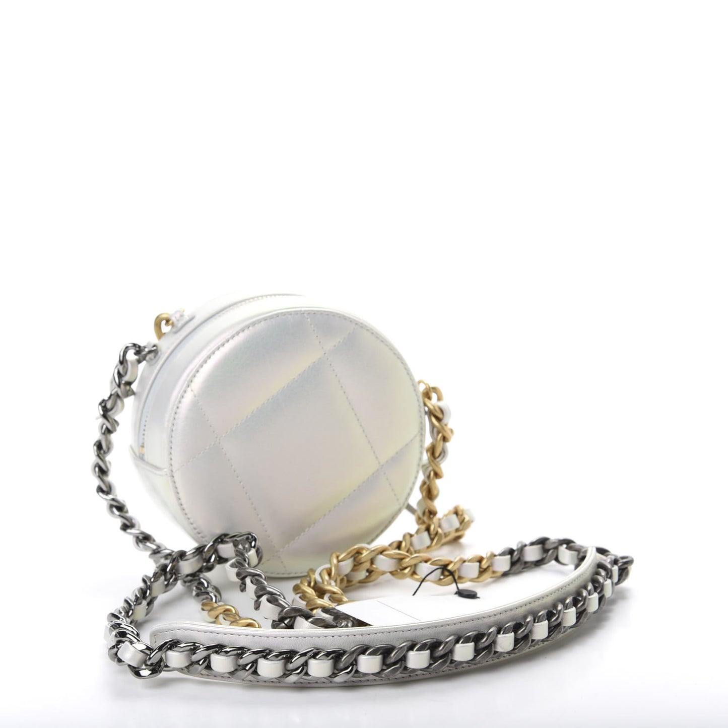 Iridescent Calfskin Quilted 19 Round Clutch With Chain White