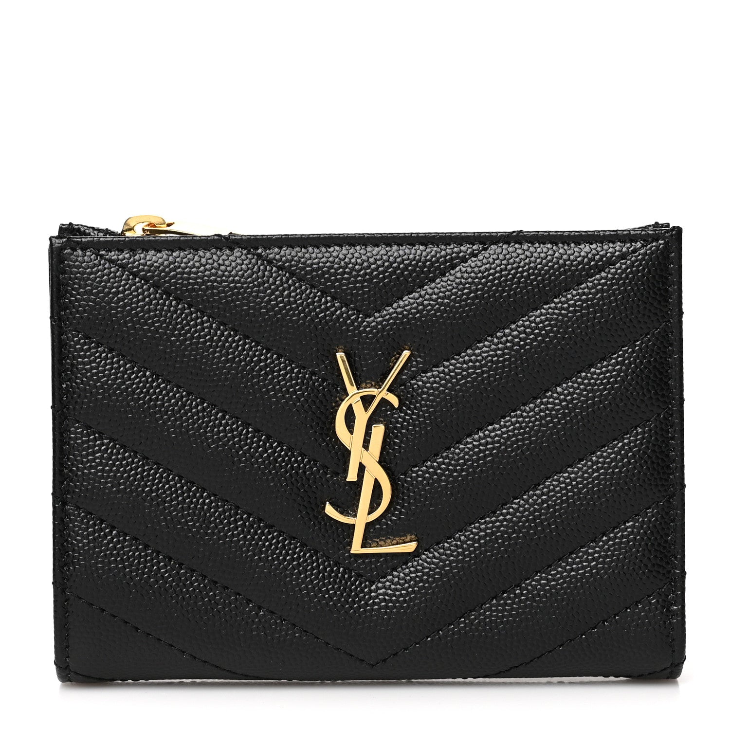 Saint Laurent Grain De Poudre Matelasse Chevron Monogram Zipped Card Case Black 1 of 7