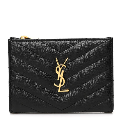 Saint Laurent Grain De Poudre Matelasse Chevron Monogram Zipped Card Case Black 1 of 7