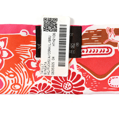 Hermes Silk Bingata Twilly Fuchsia Corail Brun 3 of 5