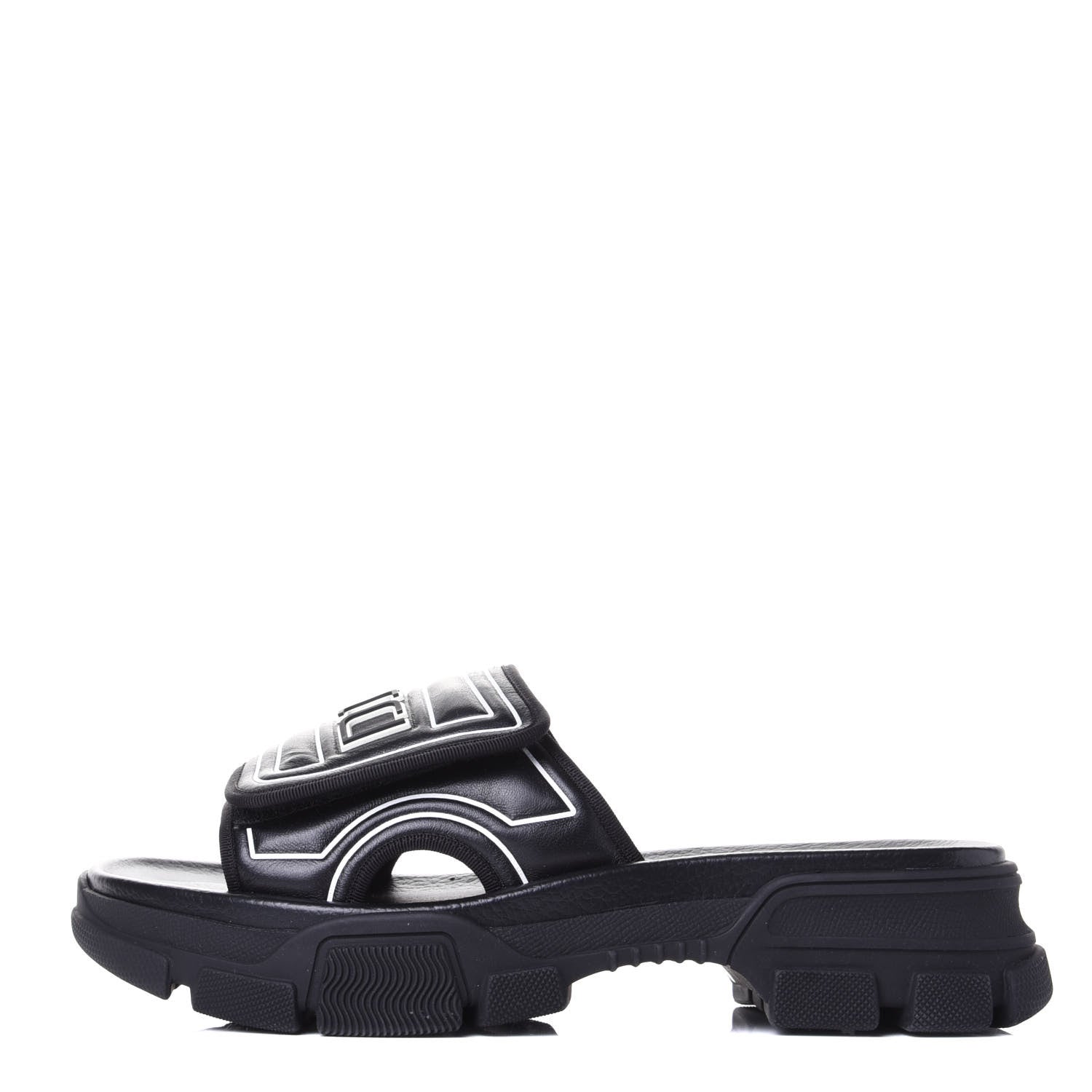Gucci Nappa Grosgrain Logo Mens Velcro Chunky Slide Sandals 7 Black 1 of 10