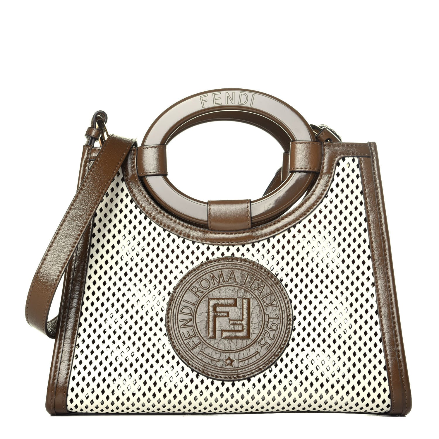 Fendi Vitello Liberty Glossy Lambskin Perforated Small Runaway Shopper Tote White Ice Rust Maya 1 of 8