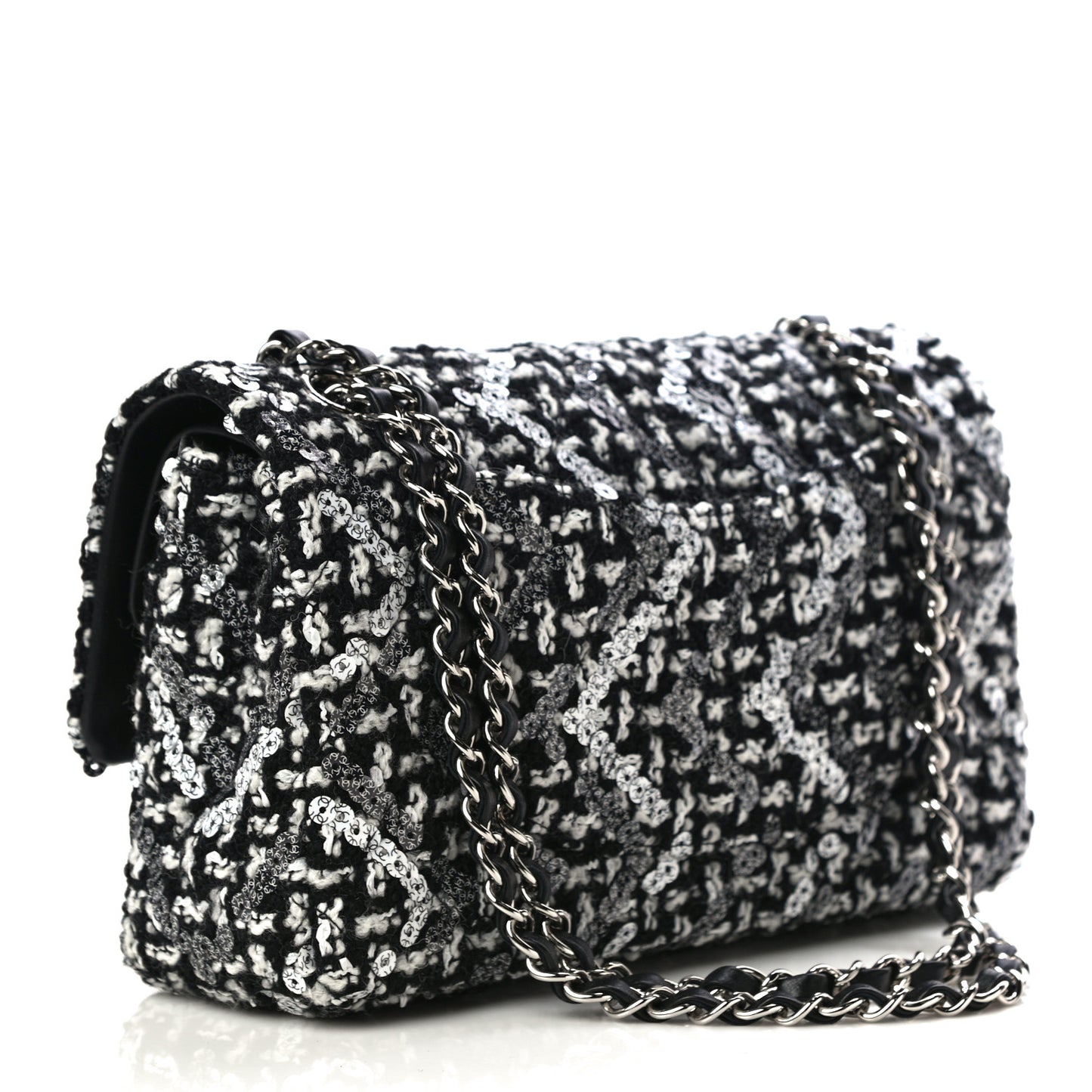 Tweed Sequin Quilted Medium Double Flap Black White