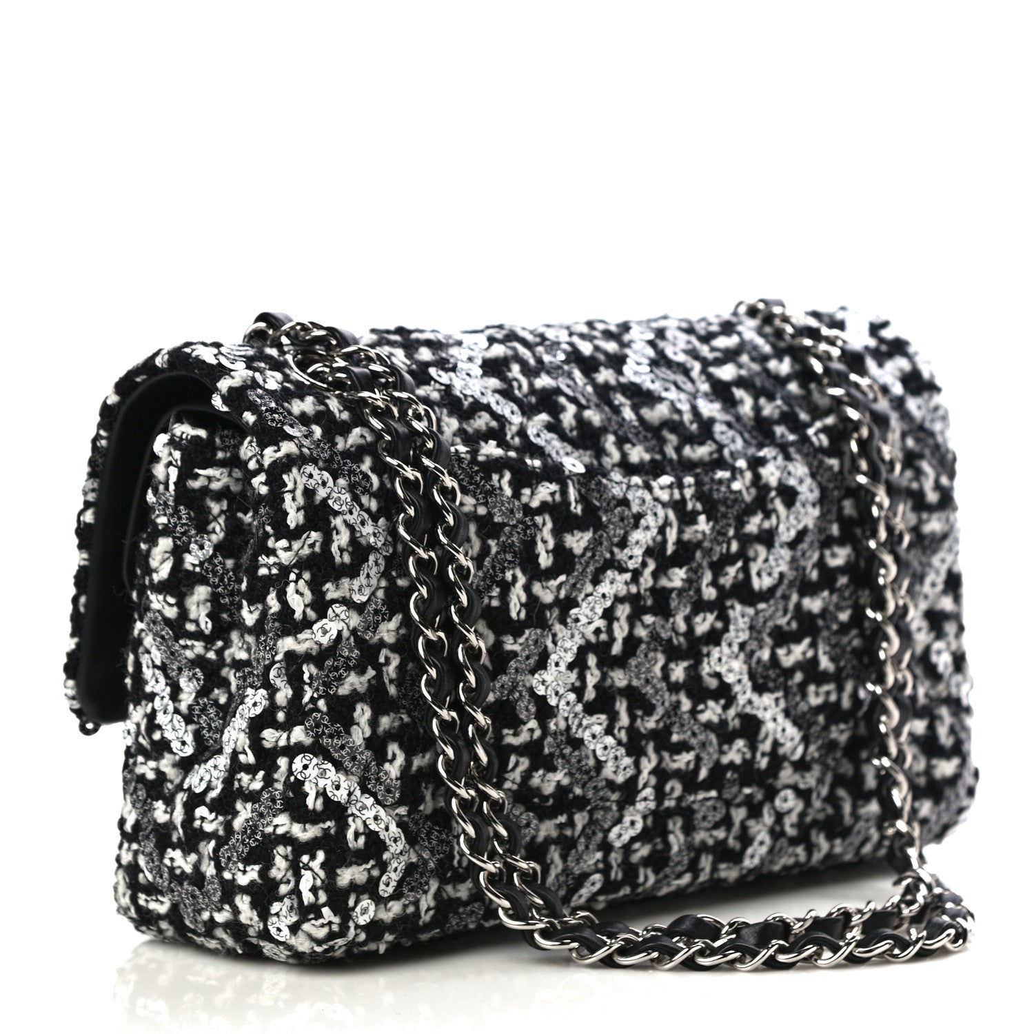 Chanel Tweed Sequin Quilted Medium Double Flap Black White 3 of 12