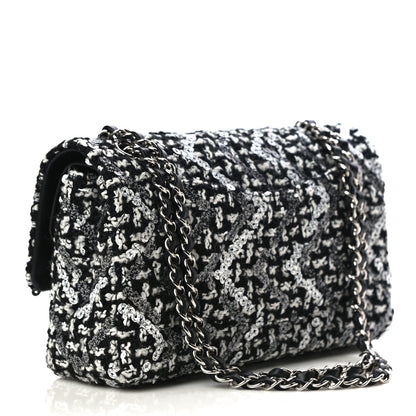 Chanel Tweed Sequin Quilted Medium Double Flap Black White 3 of 12